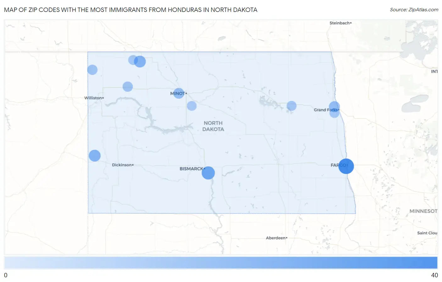 Zip Codes with the Most Immigrants from Honduras in North Dakota Map