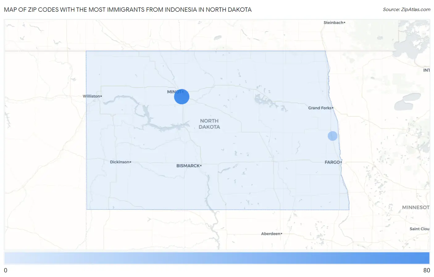 Zip Codes with the Most Immigrants from Indonesia in North Dakota Map
