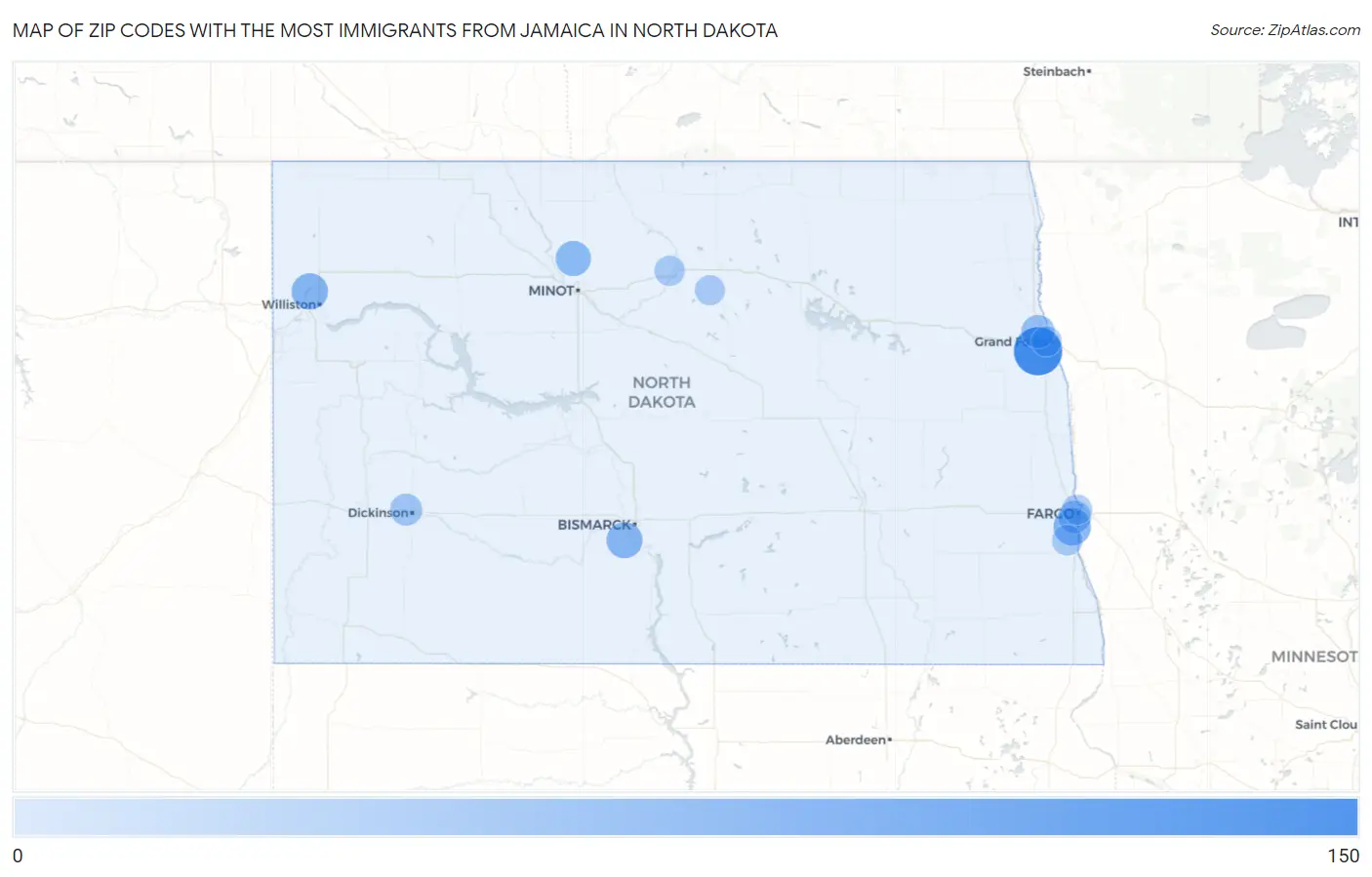 Zip Codes with the Most Immigrants from Jamaica in North Dakota Map