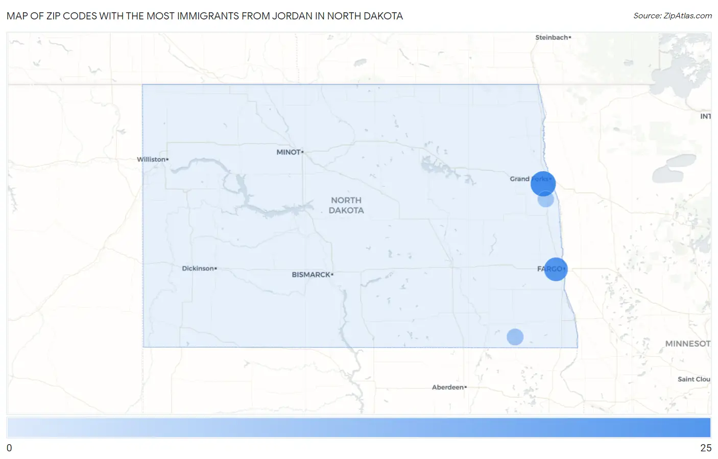 Zip Codes with the Most Immigrants from Jordan in North Dakota Map