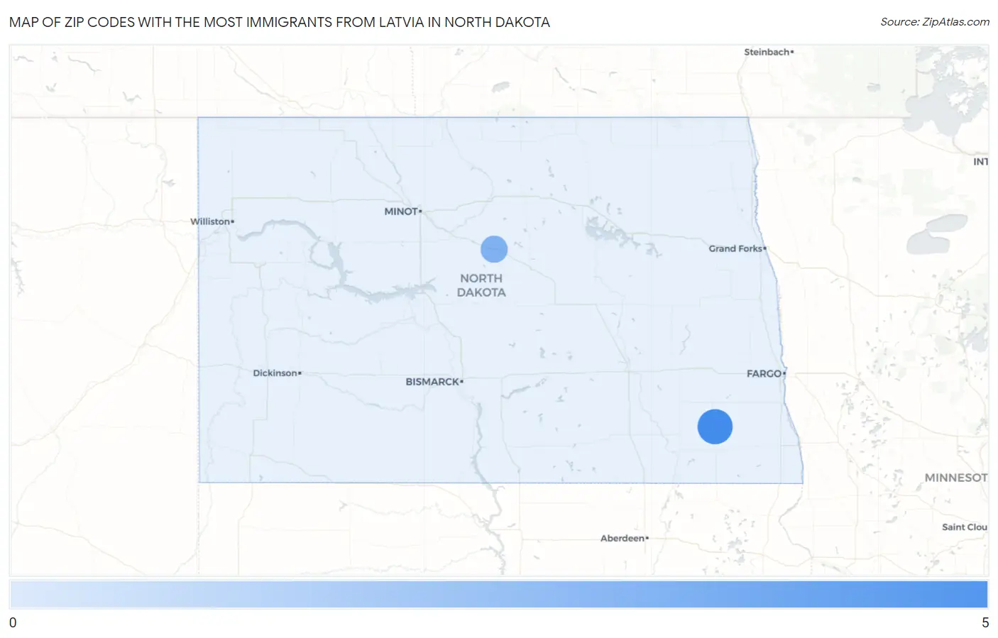 Zip Codes with the Most Immigrants from Latvia in North Dakota Map