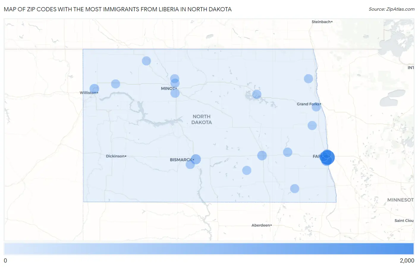 Zip Codes with the Most Immigrants from Liberia in North Dakota Map
