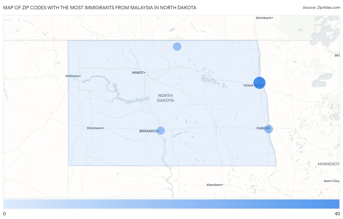 Zip Codes with the Most Immigrants from Malaysia in North Dakota Map