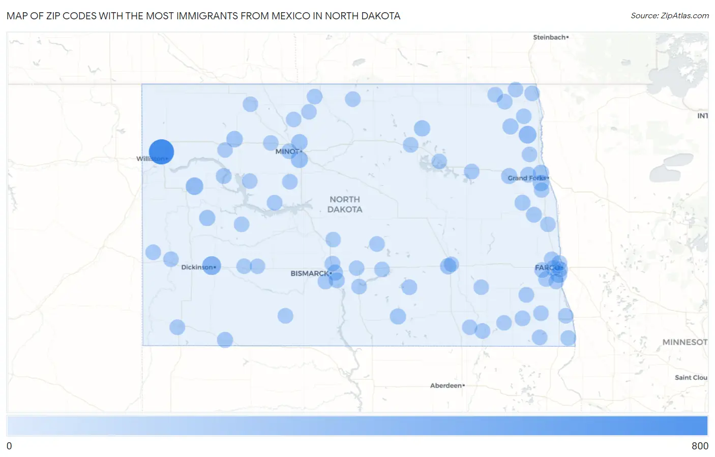Zip Codes with the Most Immigrants from Mexico in North Dakota Map