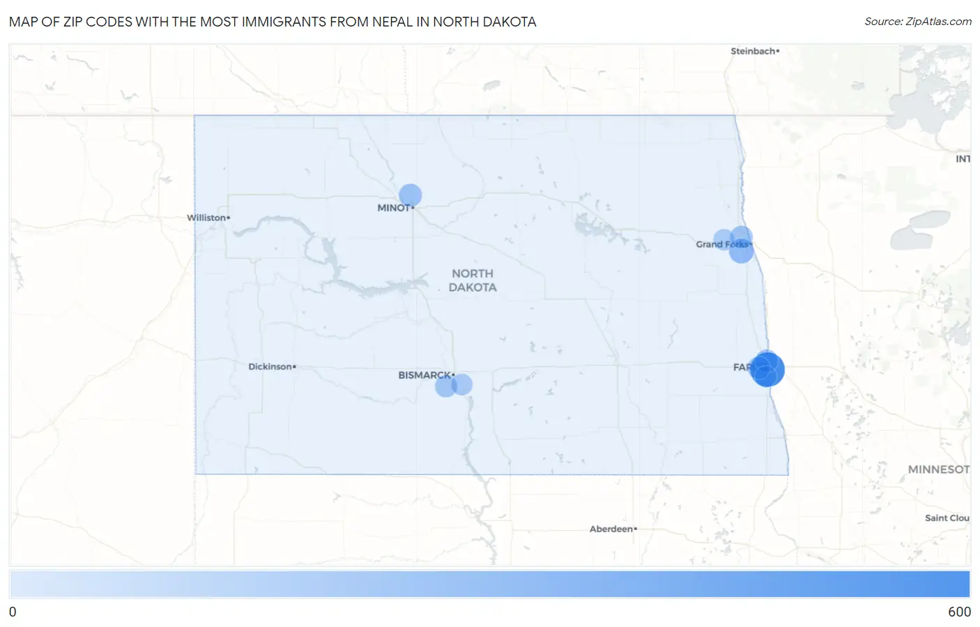 Zip Codes with the Most Immigrants from Nepal in North Dakota Map