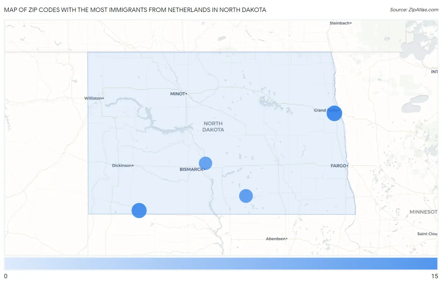 Zip Codes with the Most Immigrants from Netherlands in North Dakota Map