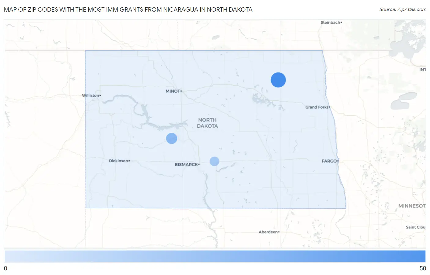 Zip Codes with the Most Immigrants from Nicaragua in North Dakota Map