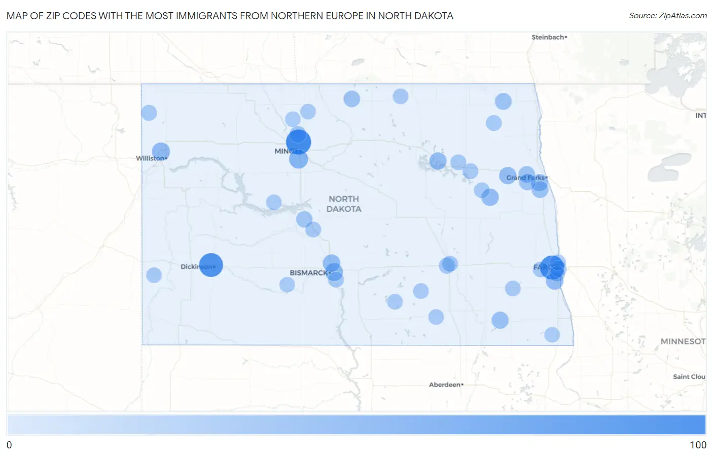 Zip Codes with the Most Immigrants from Northern Europe in North Dakota Map