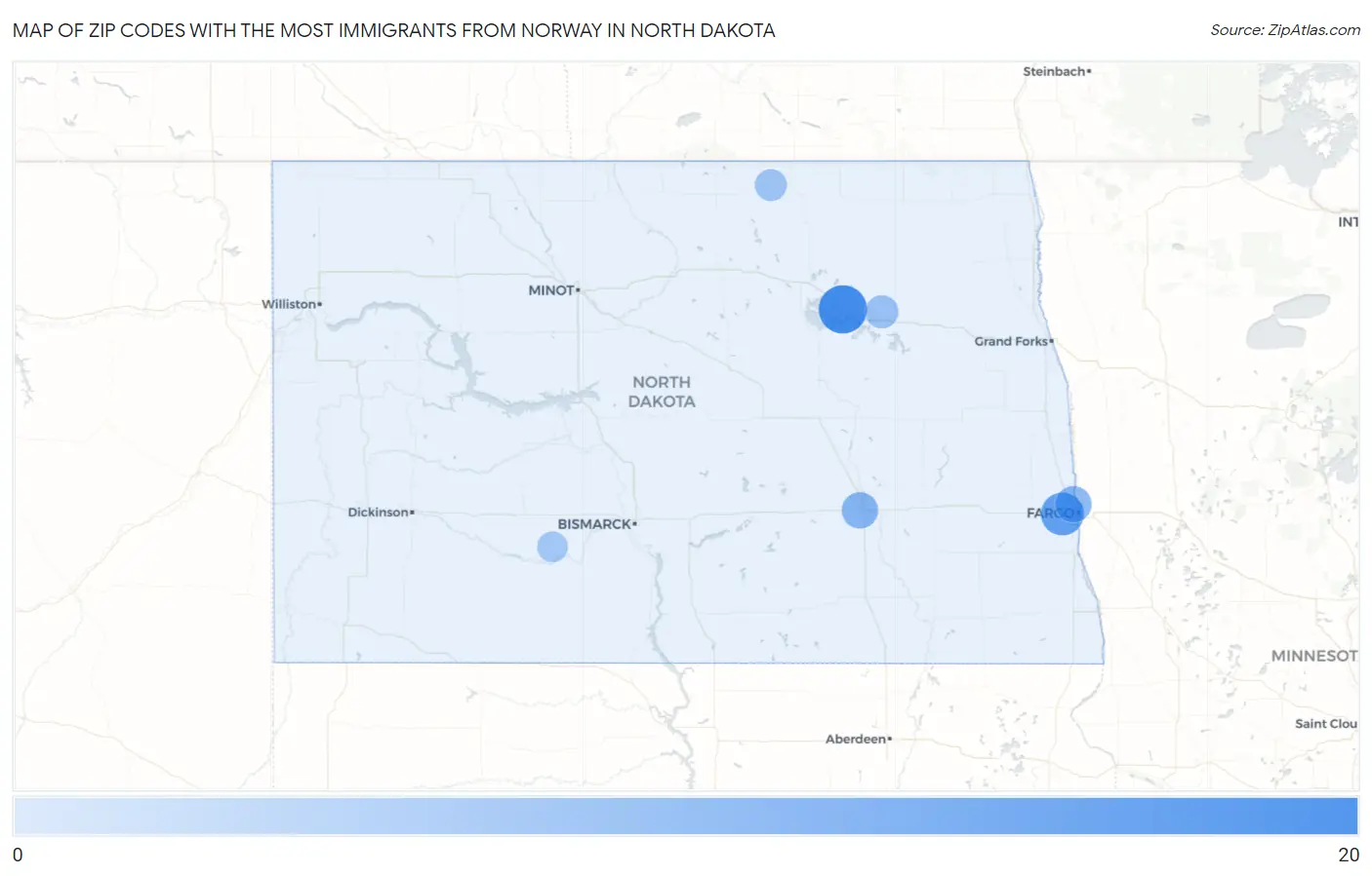 Zip Codes with the Most Immigrants from Norway in North Dakota Map
