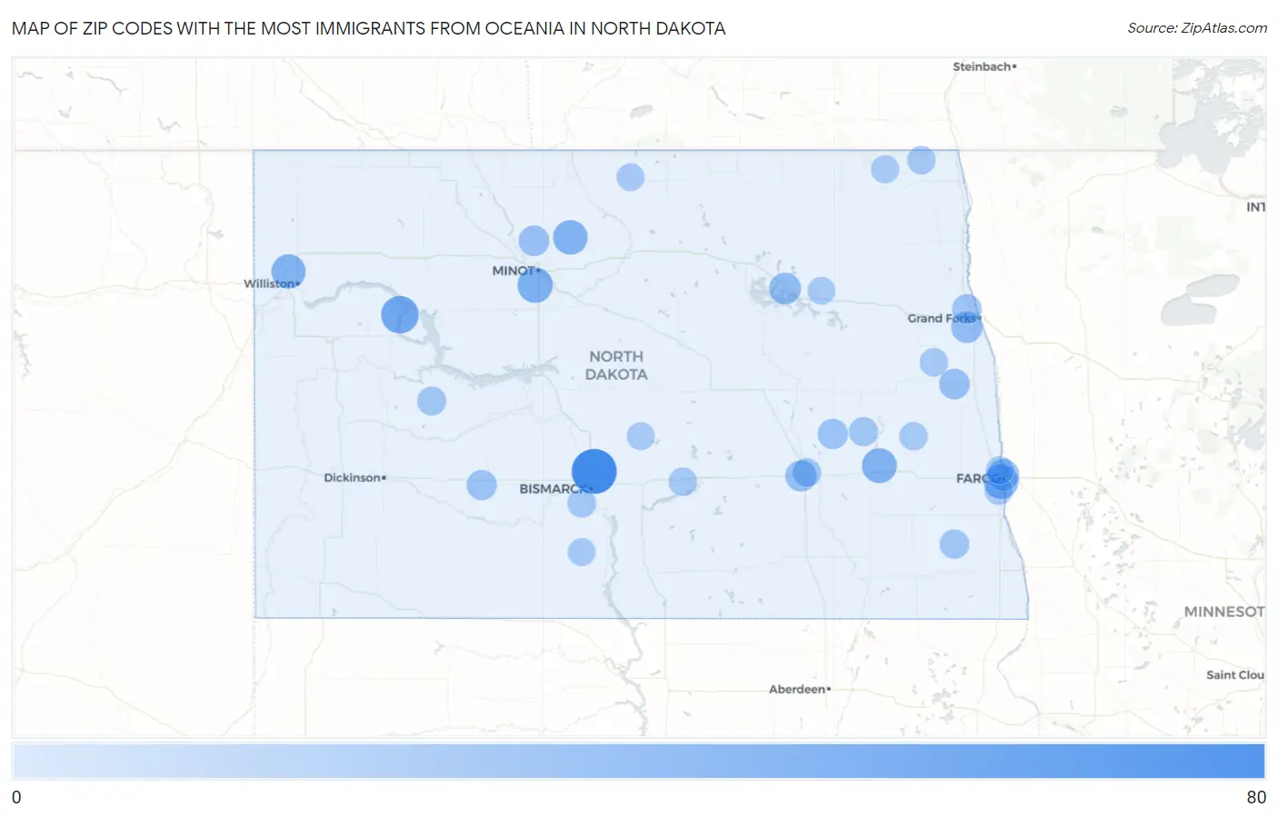 Zip Codes with the Most Immigrants from Oceania in North Dakota Map