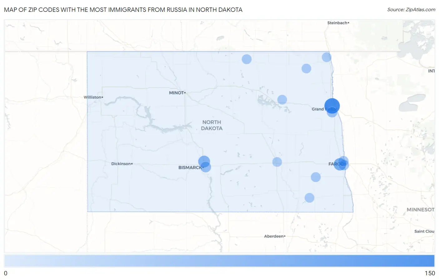 Zip Codes with the Most Immigrants from Russia in North Dakota Map