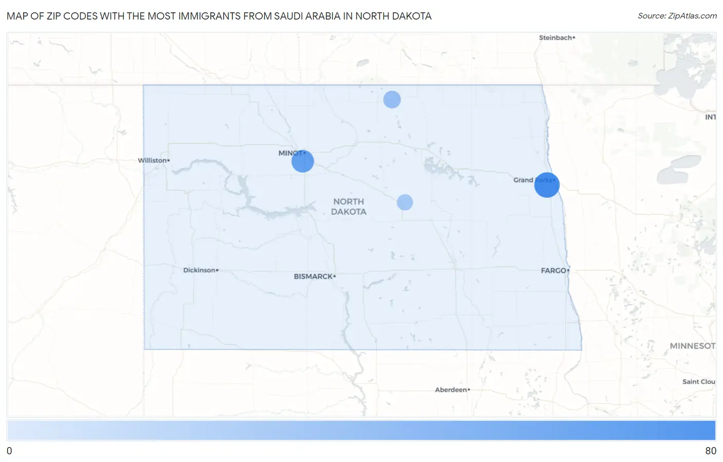 Zip Codes with the Most Immigrants from Saudi Arabia in North Dakota Map