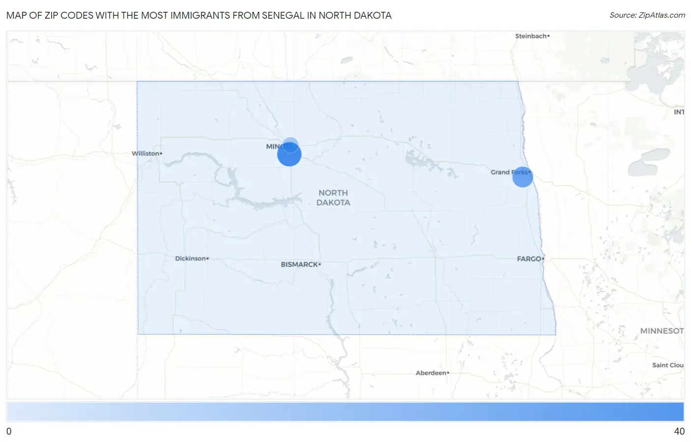Zip Codes with the Most Immigrants from Senegal in North Dakota Map