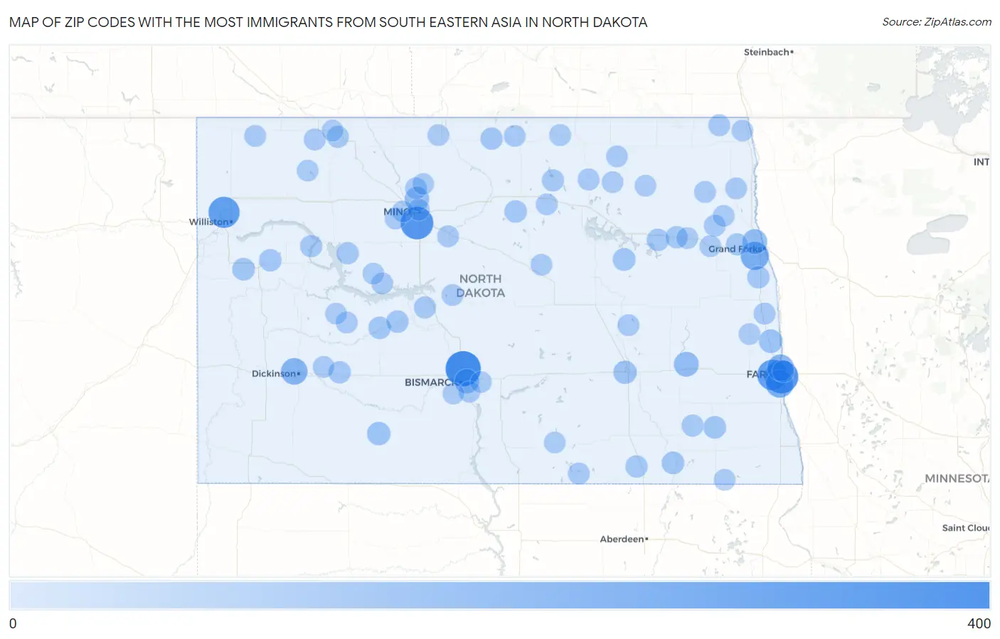 Zip Codes with the Most Immigrants from South Eastern Asia in North Dakota Map