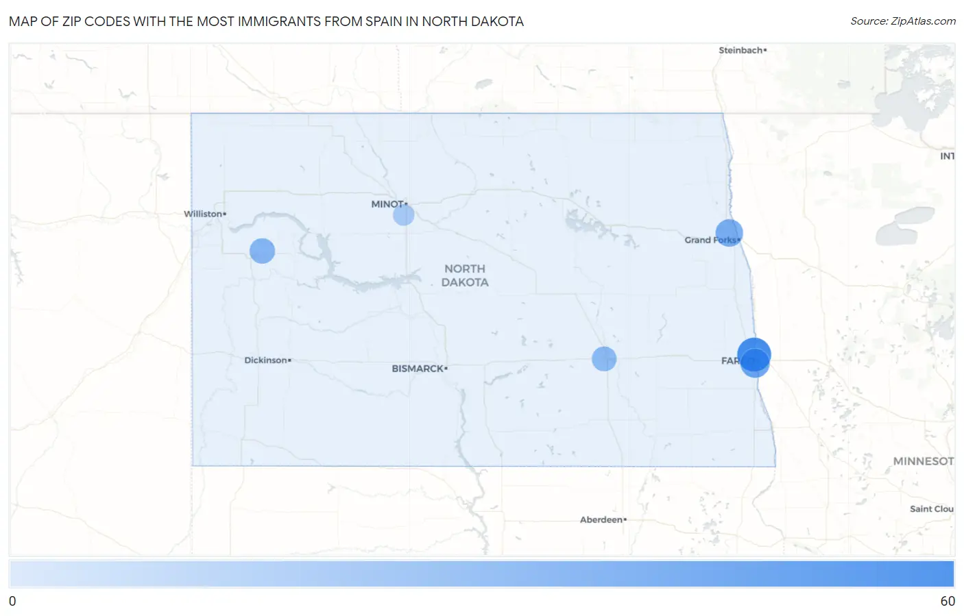 Zip Codes with the Most Immigrants from Spain in North Dakota Map