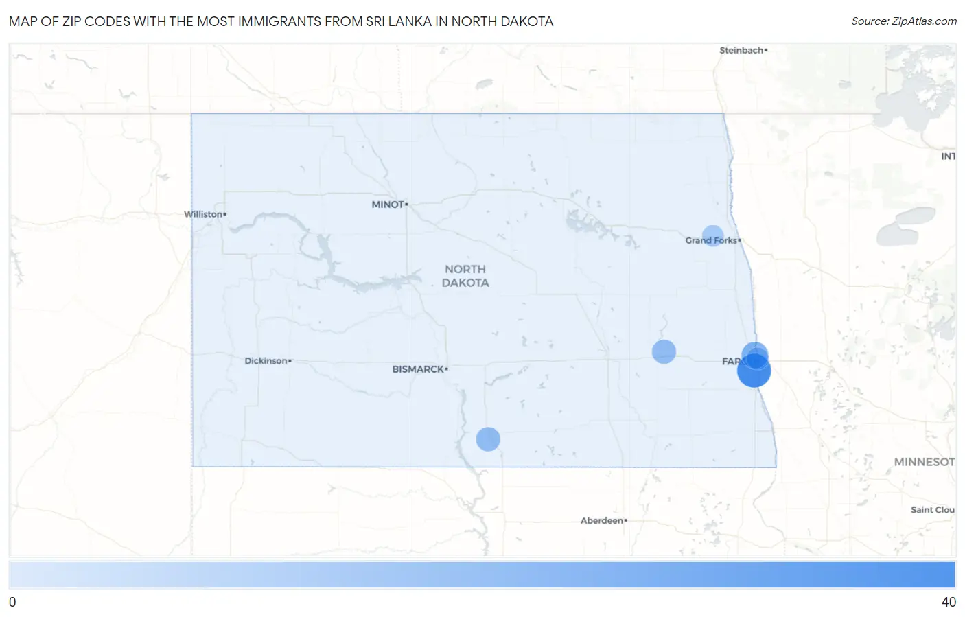 Zip Codes with the Most Immigrants from Sri Lanka in North Dakota Map