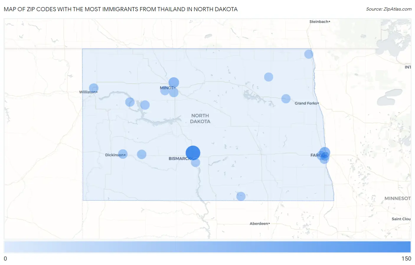 Zip Codes with the Most Immigrants from Thailand in North Dakota Map