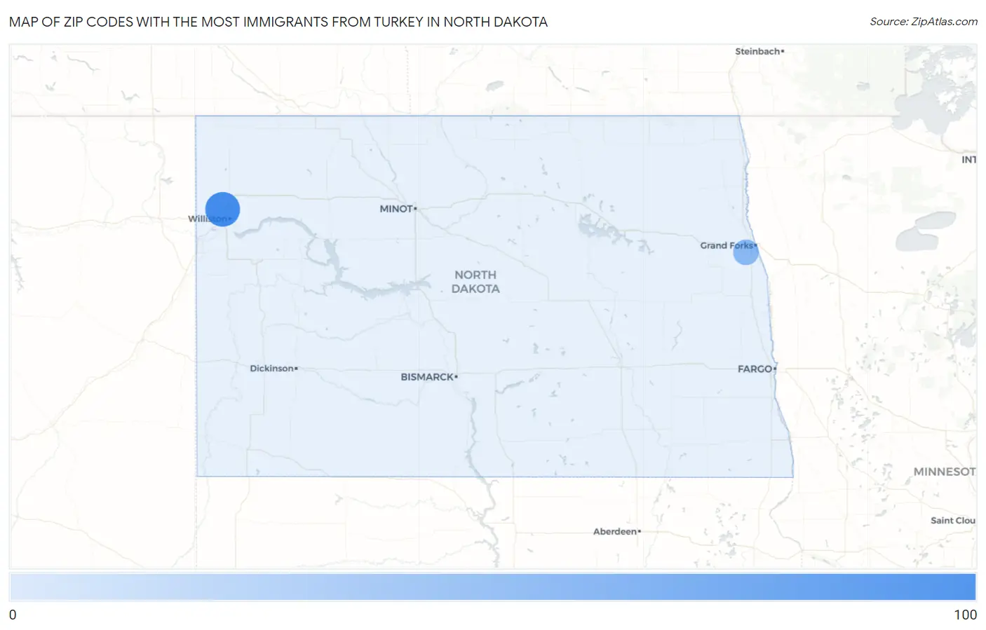 Zip Codes with the Most Immigrants from Turkey in North Dakota Map