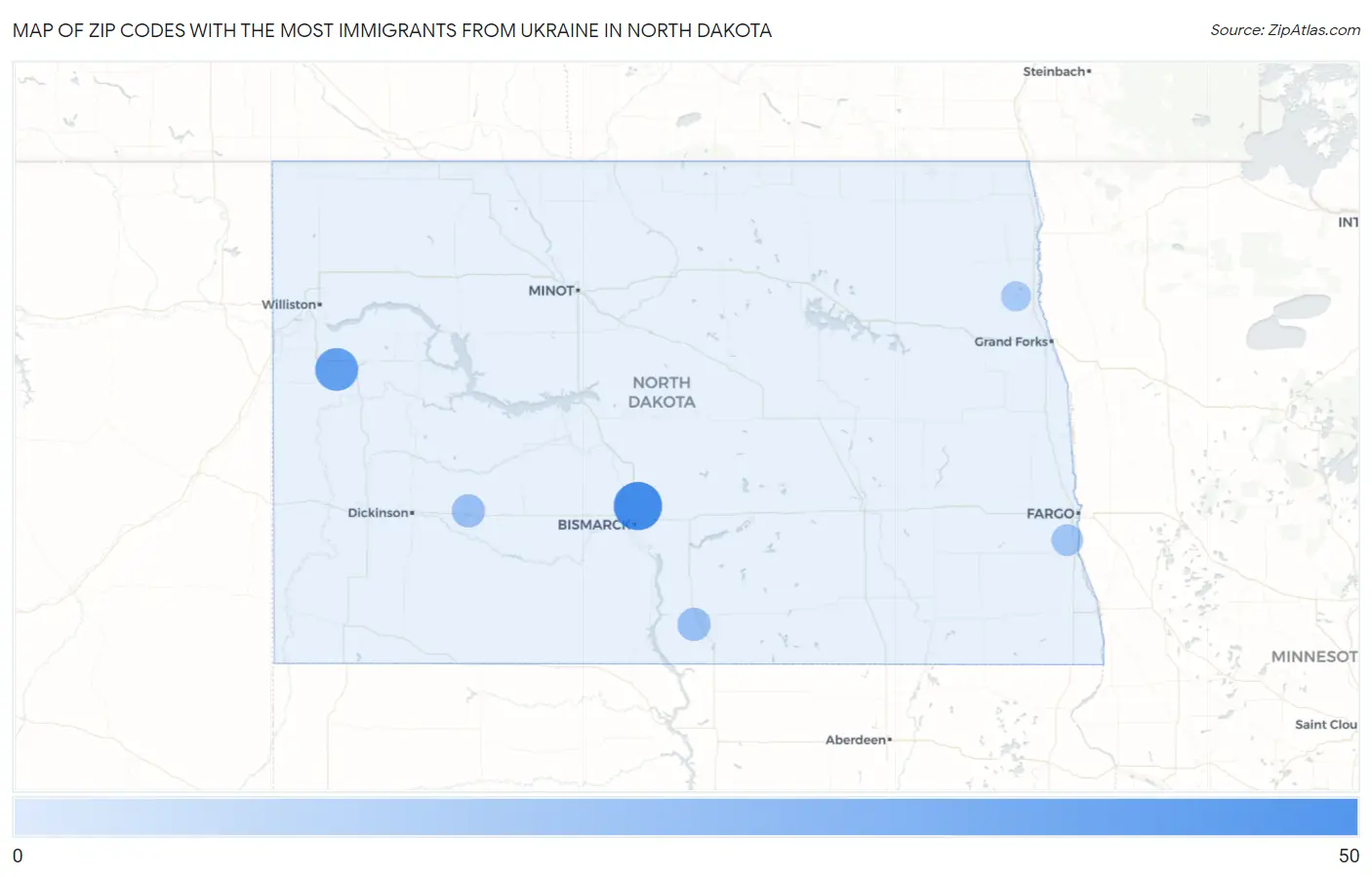 Zip Codes with the Most Immigrants from Ukraine in North Dakota Map
