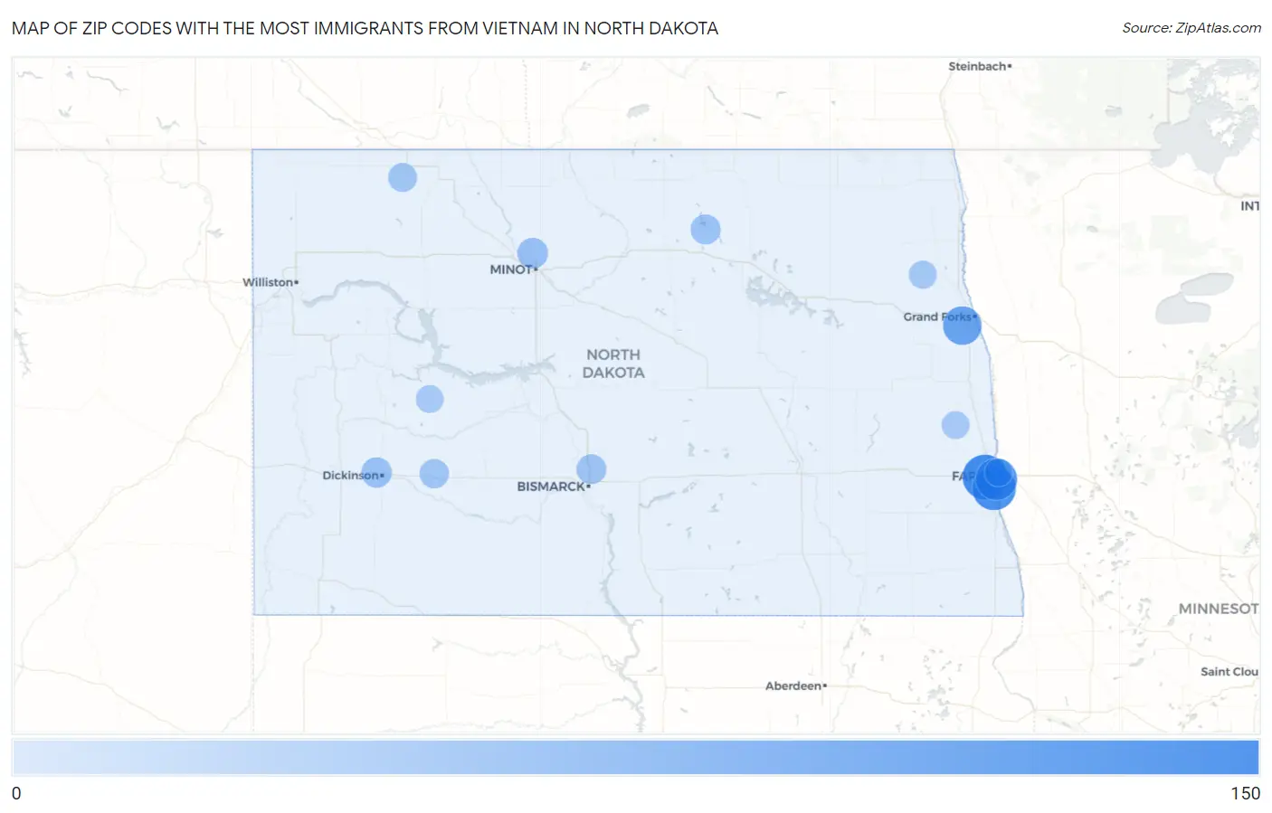 Zip Codes with the Most Immigrants from Vietnam in North Dakota Map