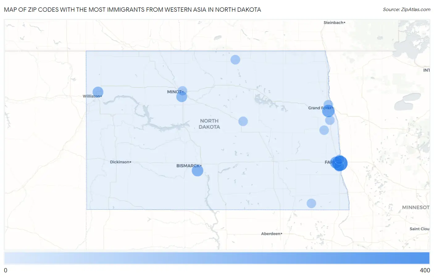 Zip Codes with the Most Immigrants from Western Asia in North Dakota Map