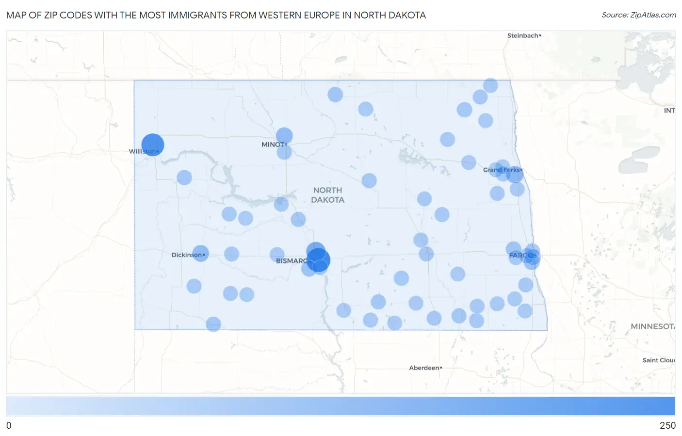 Zip Codes with the Most Immigrants from Western Europe in North Dakota Map