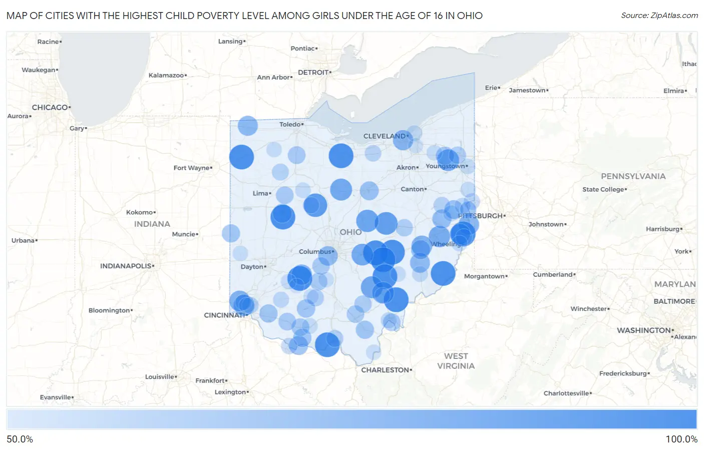 Cities with the Highest Child Poverty Level Among Girls Under the Age of 16 in Ohio Map