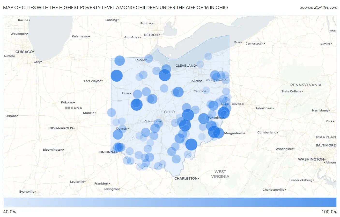 Cities with the Highest Poverty Level Among Children Under the Age of 16 in Ohio Map