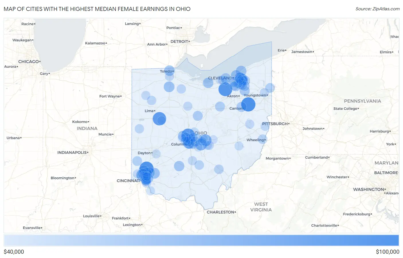 Cities with the Highest Median Female Earnings in Ohio Map