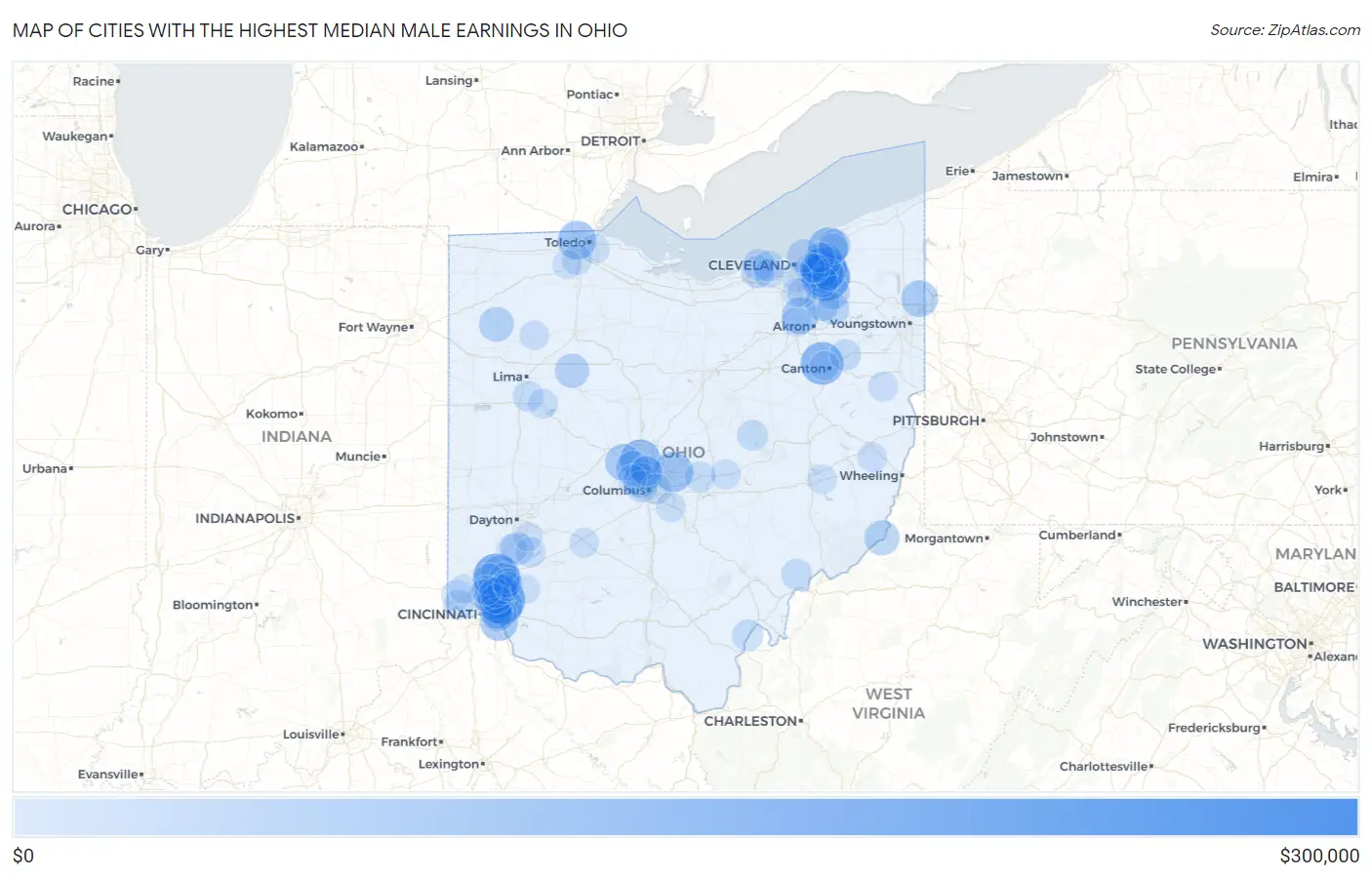 Cities with the Highest Median Male Earnings in Ohio Map