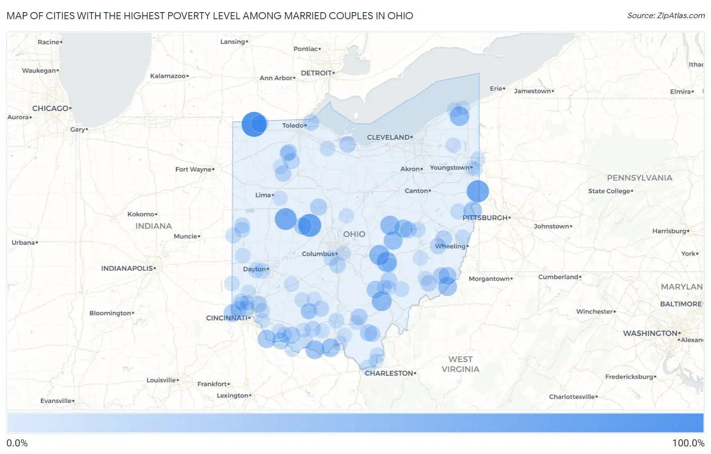 Cities with the Highest Poverty Level Among Married Couples in Ohio Map