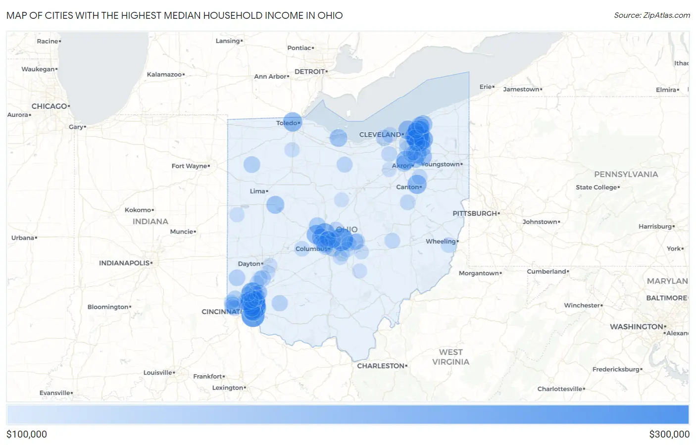 Cities with the Highest Median Household Income in Ohio Map