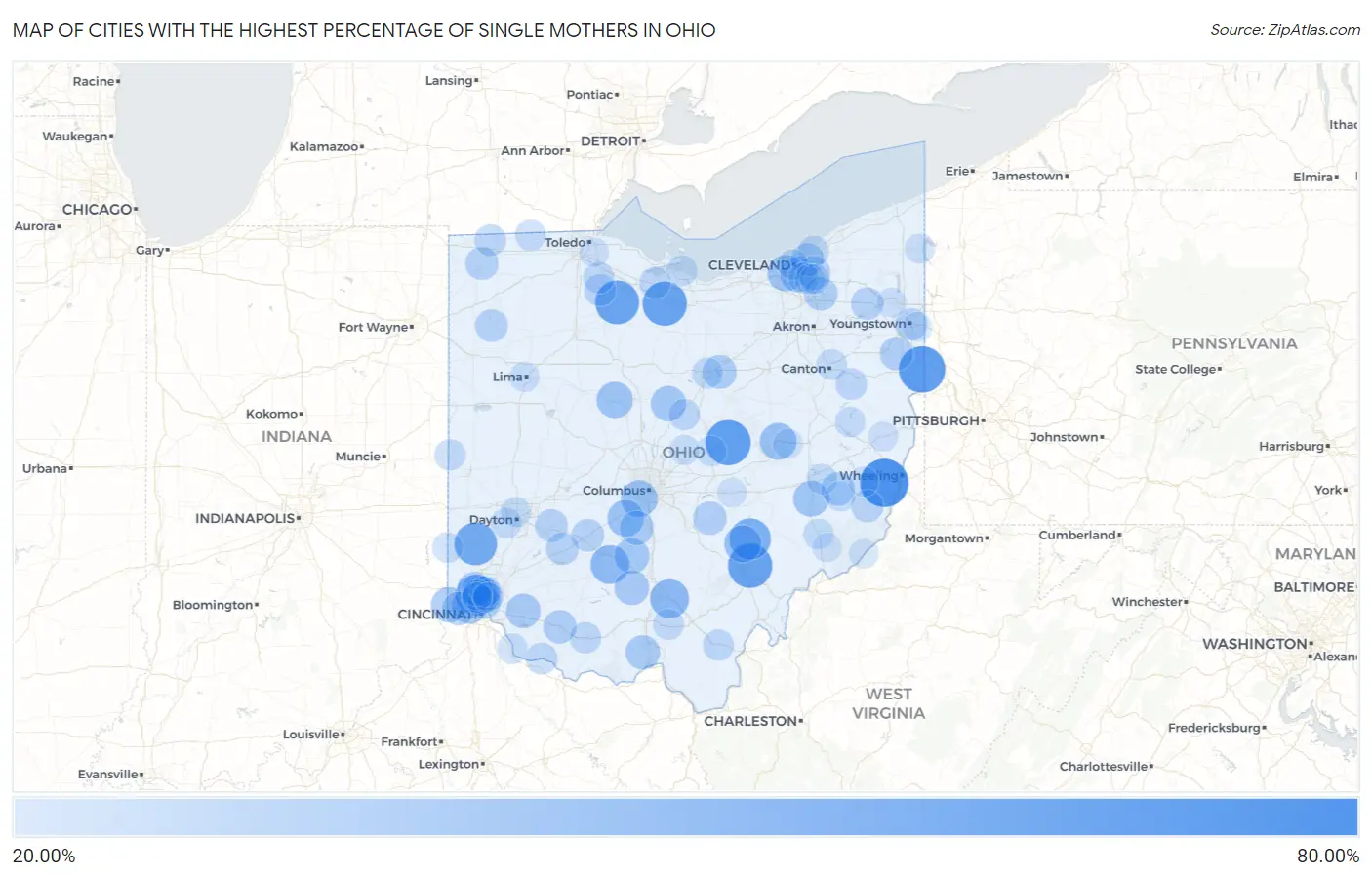 Cities with the Highest Percentage of Single Mothers in Ohio Map