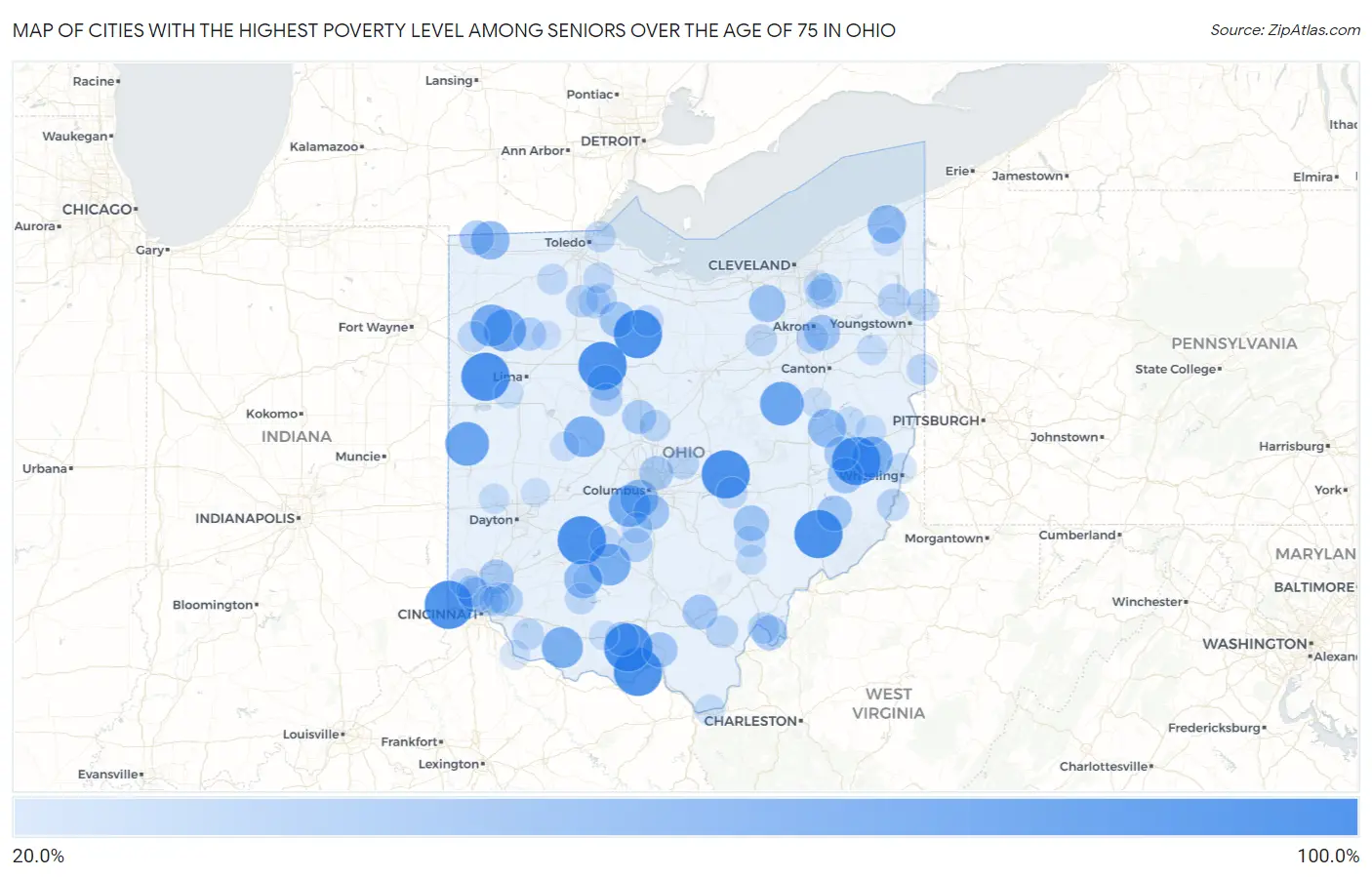 Cities with the Highest Poverty Level Among Seniors Over the Age of 75 in Ohio Map