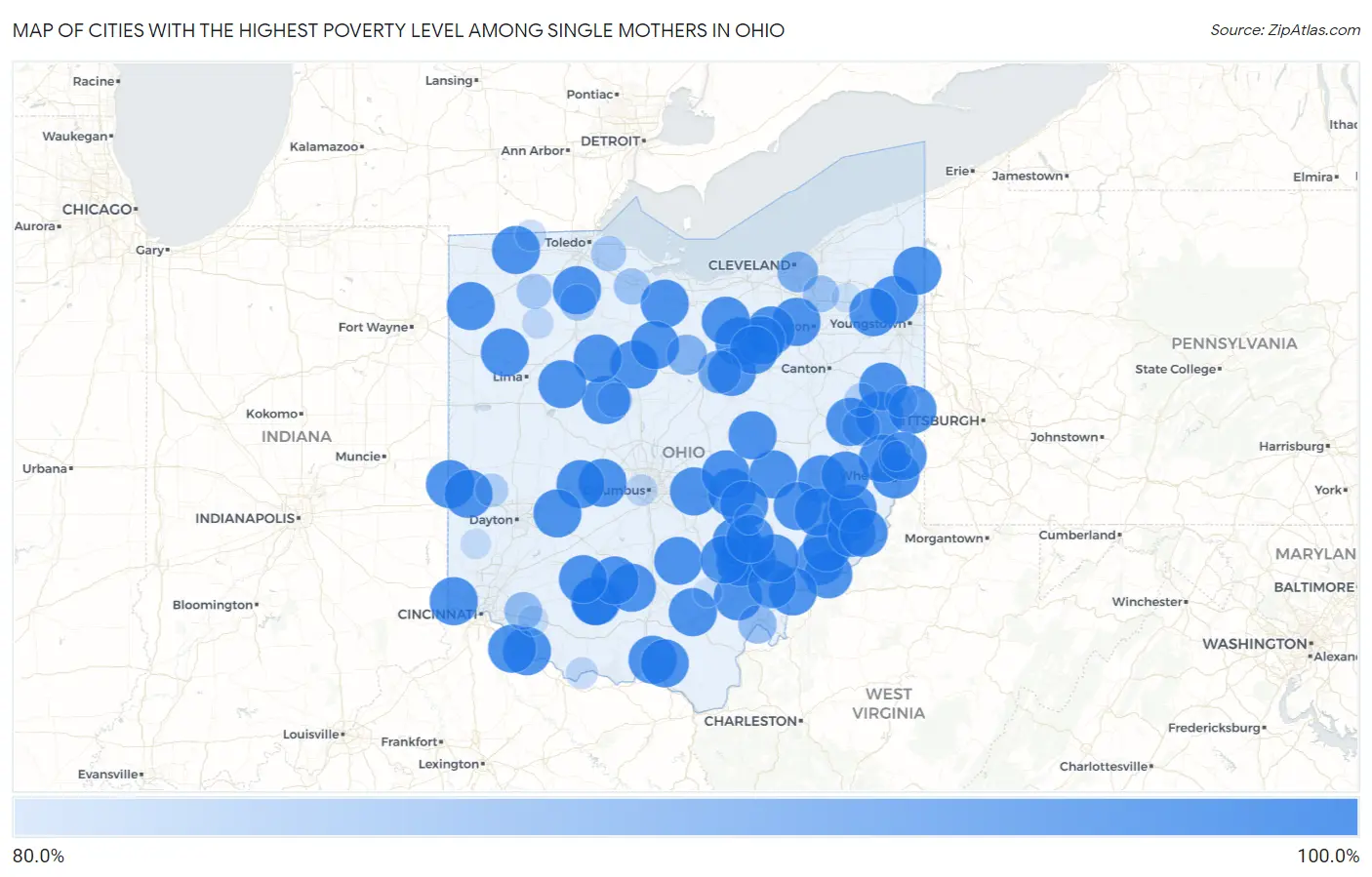Cities with the Highest Poverty Level Among Single Mothers in Ohio Map