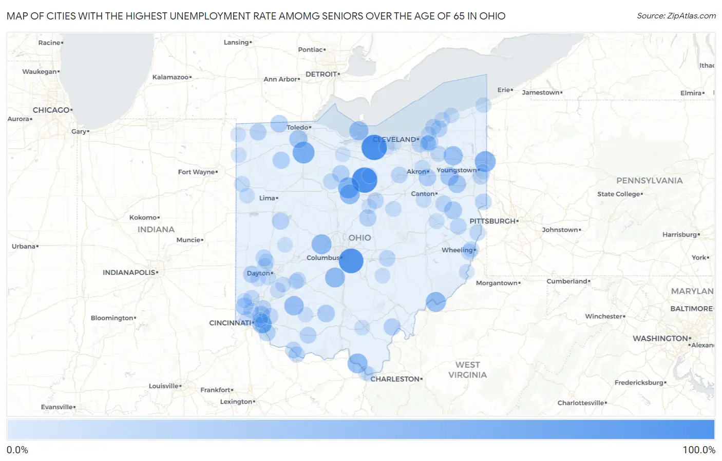 Cities with the Highest Unemployment Rate Amomg Seniors Over the Age of 65 in Ohio Map