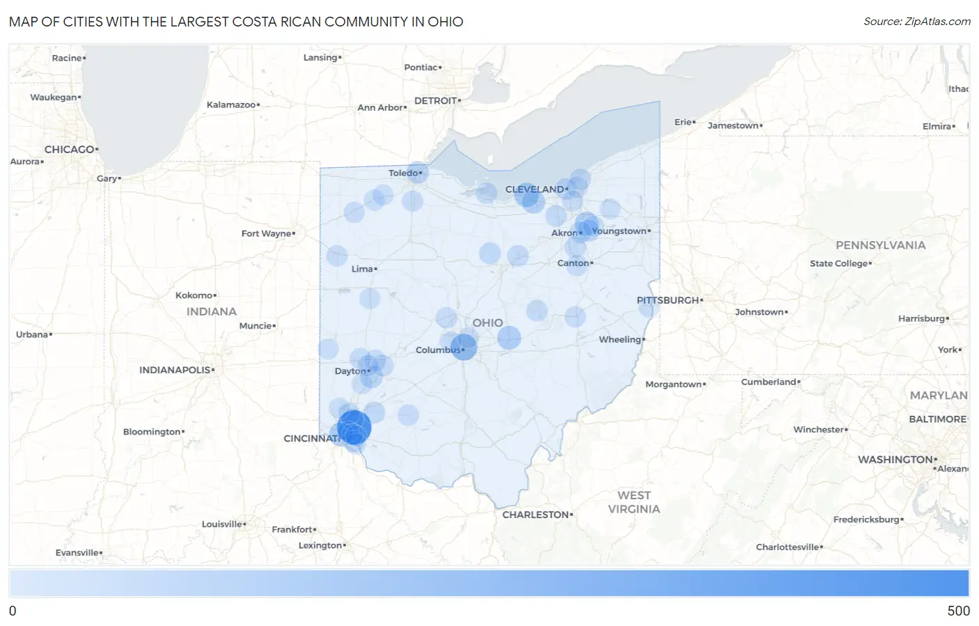 Cities with the Largest Costa Rican Community in Ohio Map