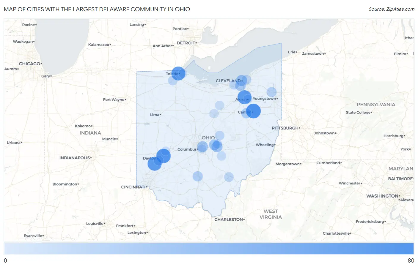 Cities with the Largest Delaware Community in Ohio Map