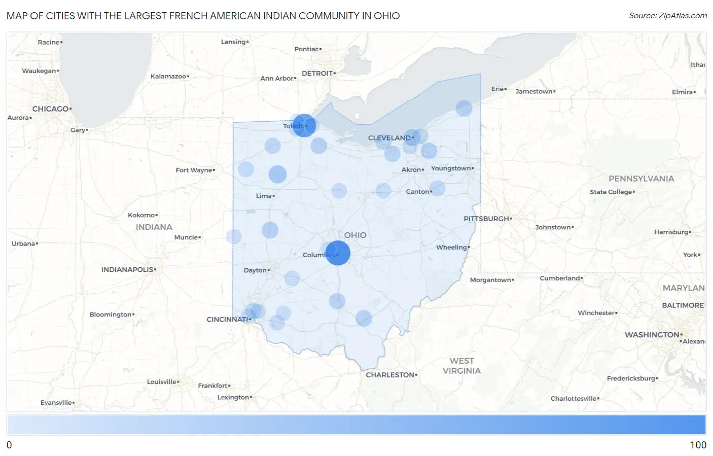 Cities with the Largest French American Indian Community in Ohio Map