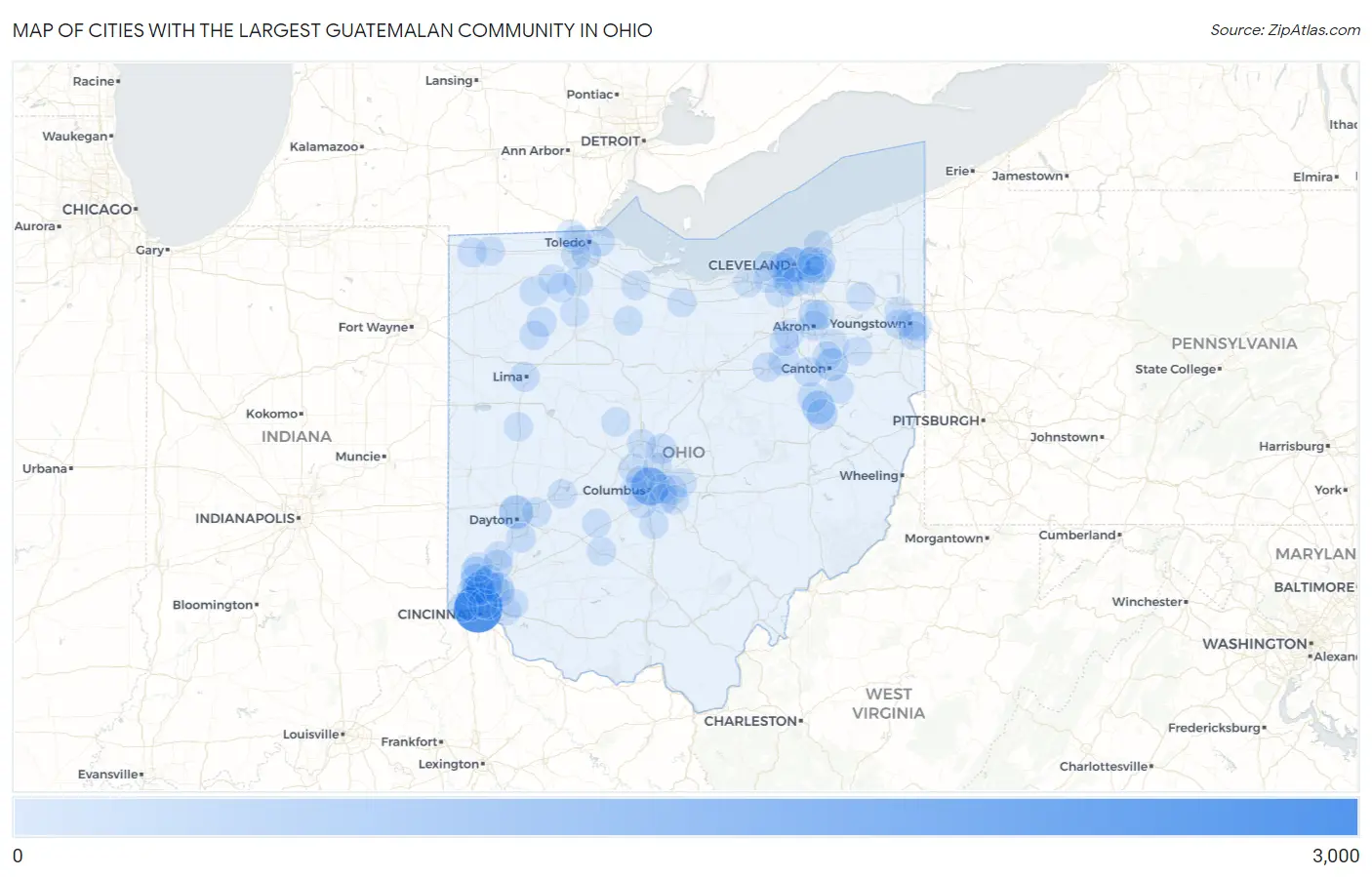 Cities with the Largest Guatemalan Community in Ohio Map