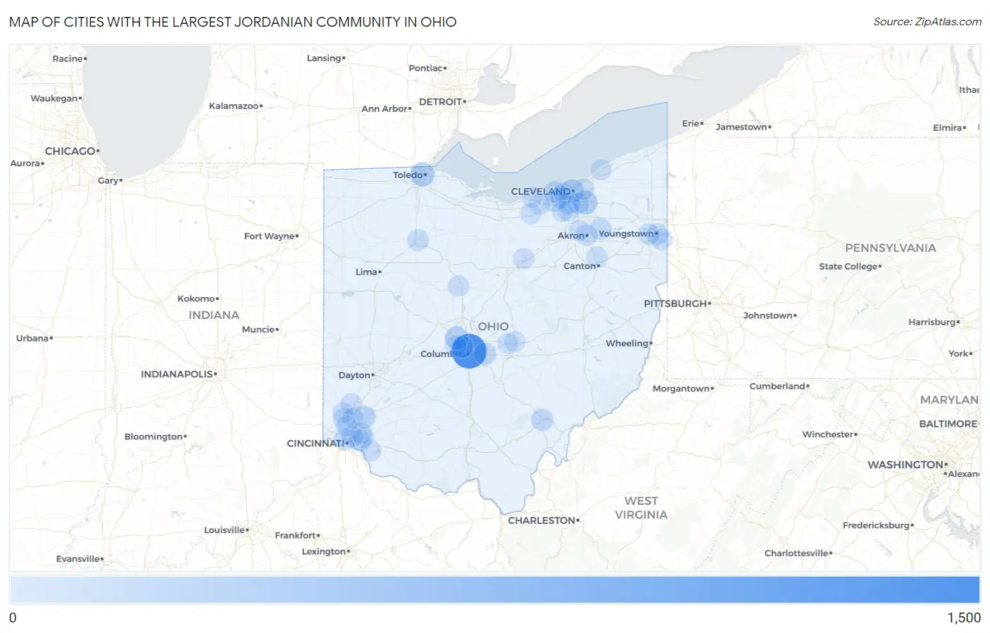 Cities with the Largest Jordanian Community in Ohio Map