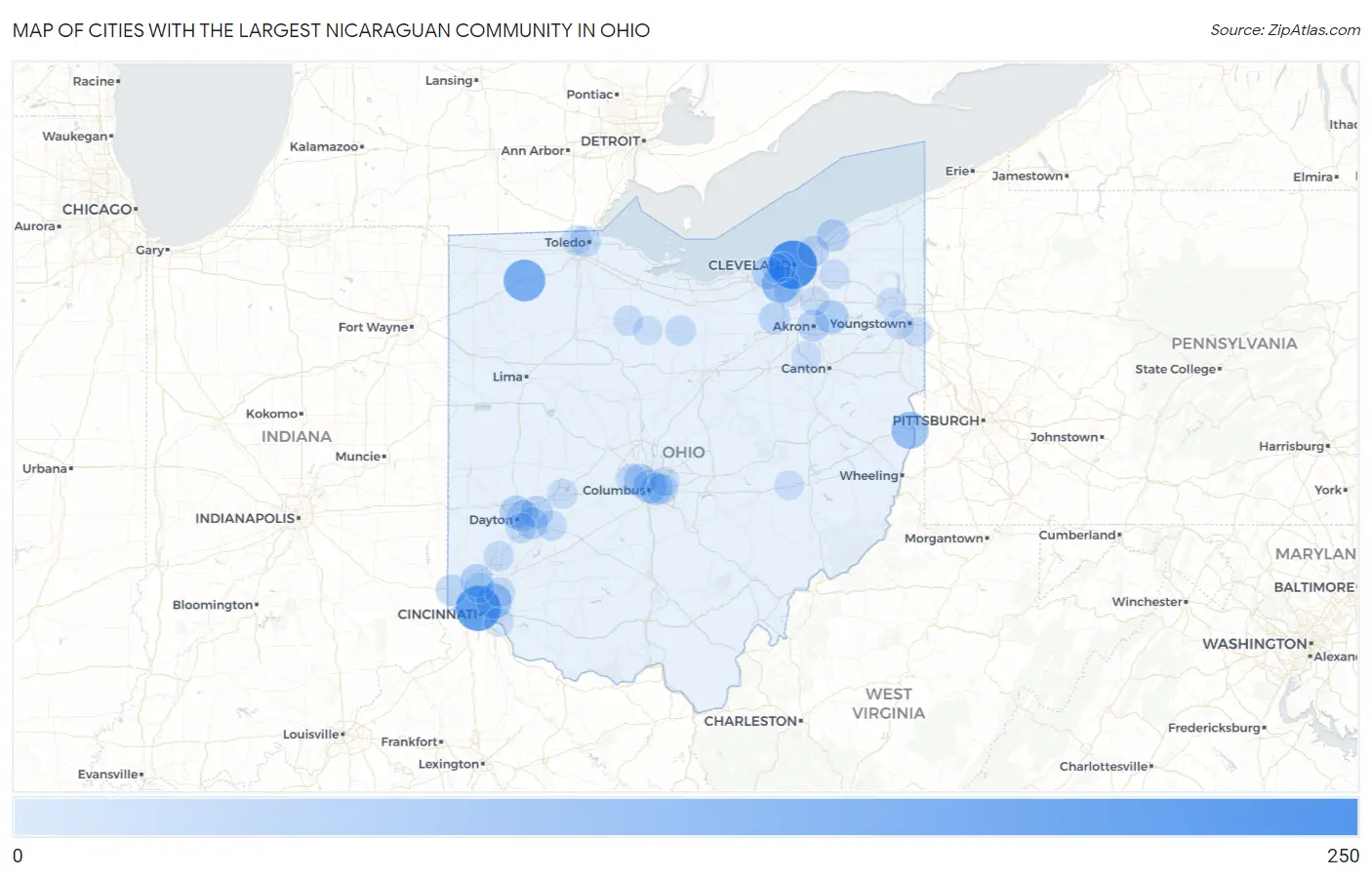 Cities with the Largest Nicaraguan Community in Ohio Map