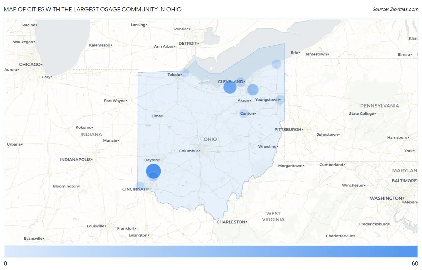 Cities with the Largest Osage Community in Ohio Map