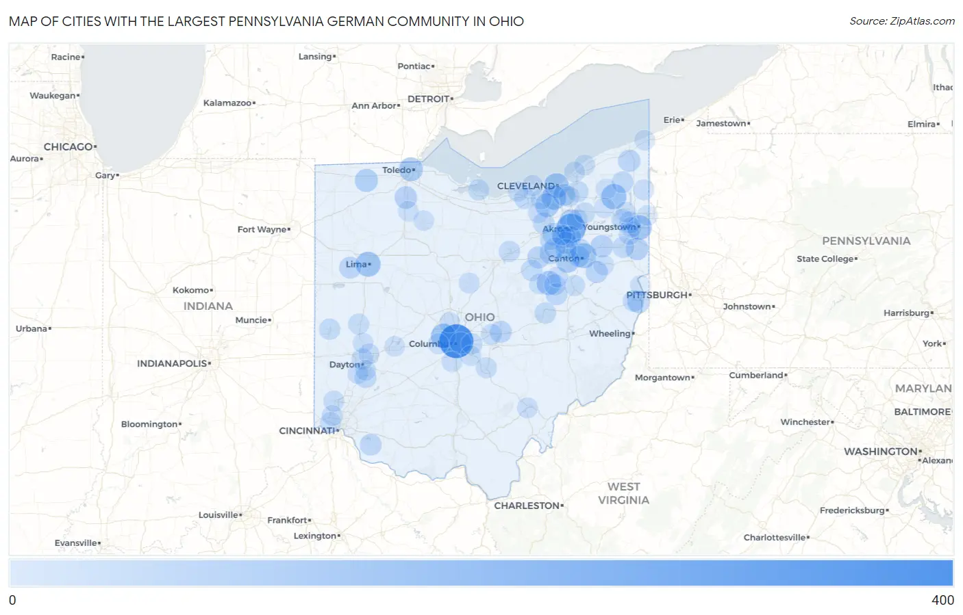 Cities with the Largest Pennsylvania German Community in Ohio Map