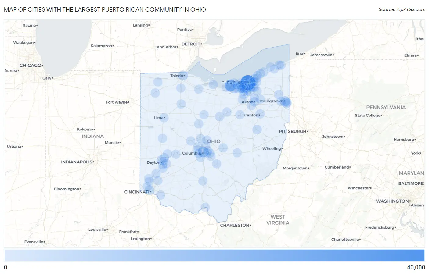 Cities with the Largest Puerto Rican Community in Ohio Map