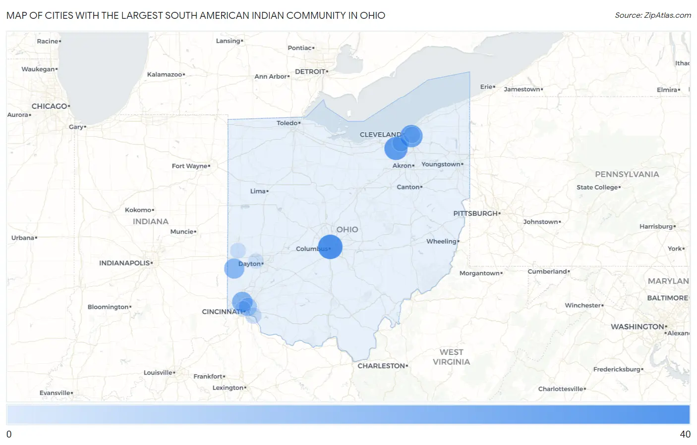 Cities with the Largest South American Indian Community in Ohio Map