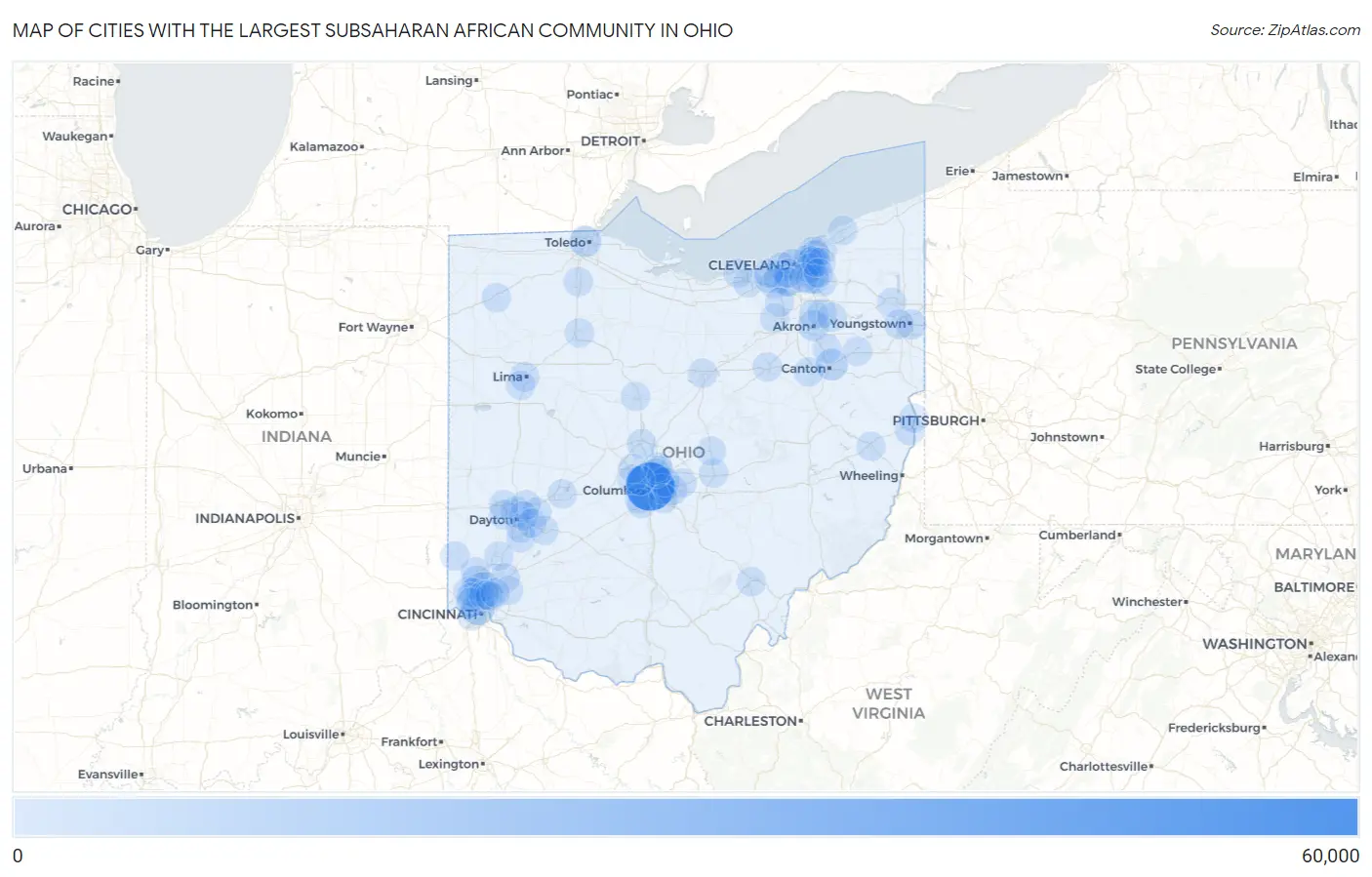 Cities with the Largest Subsaharan African Community in Ohio Map