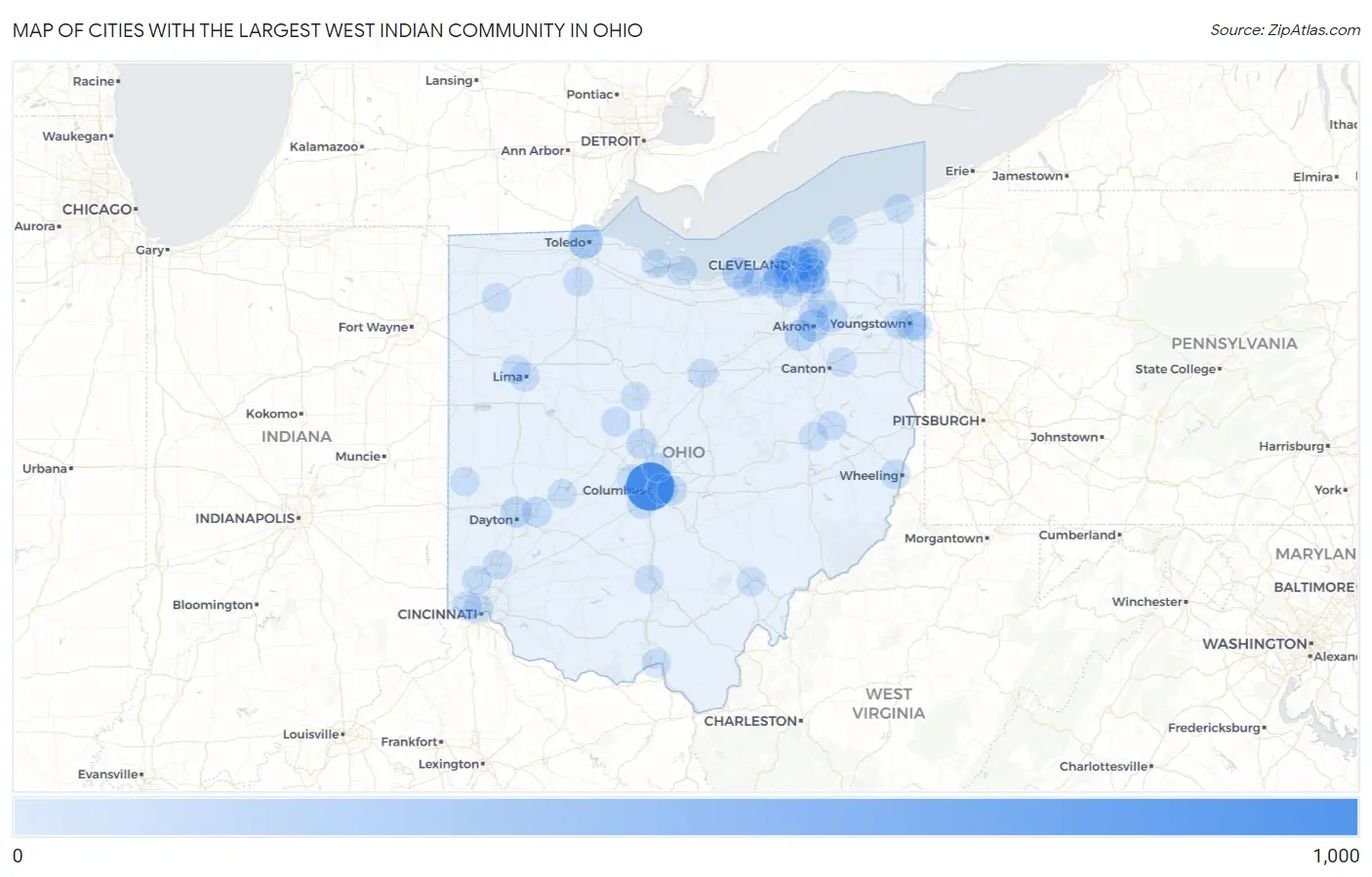 Cities with the Largest West Indian Community in Ohio Map