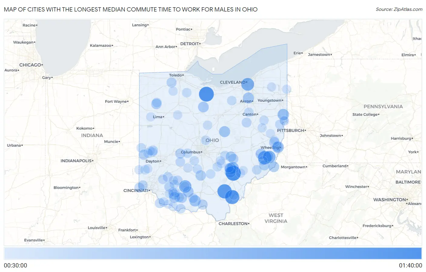 Cities with the Longest Median Commute Time to Work for Males in Ohio Map