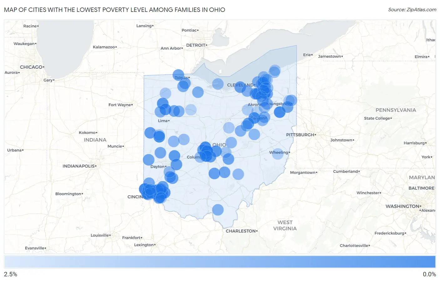 Cities with the Lowest Poverty Level Among Families in Ohio Map